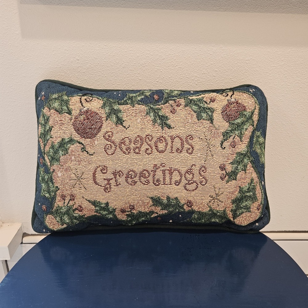Vintage Tapestry Christmas Accent Throw Pillow Season's Greeting 12" X 9"